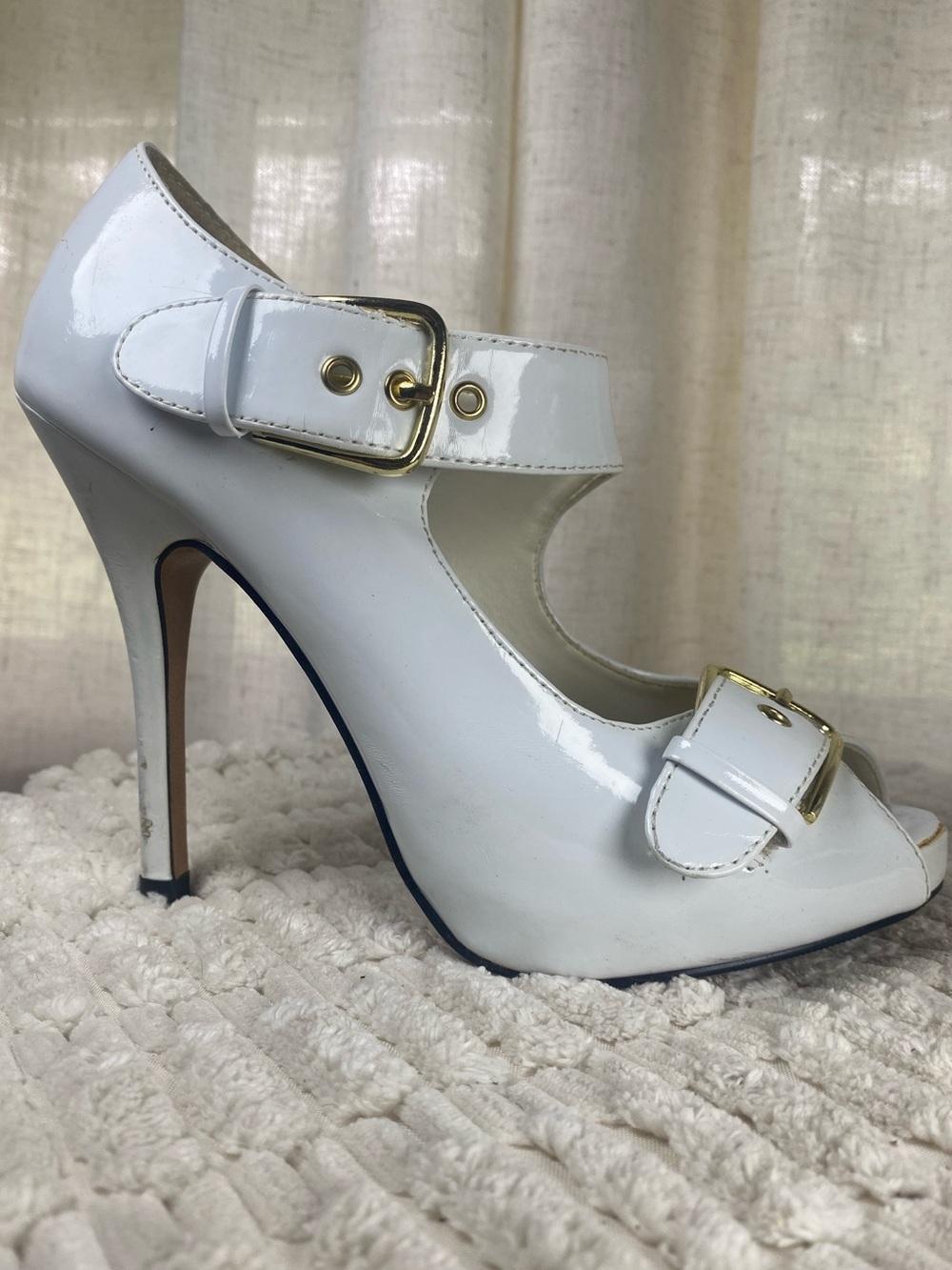 Bumper JEANO01 White Patent PU Buckle Peep Toe Platform Stiletto Heels 6
